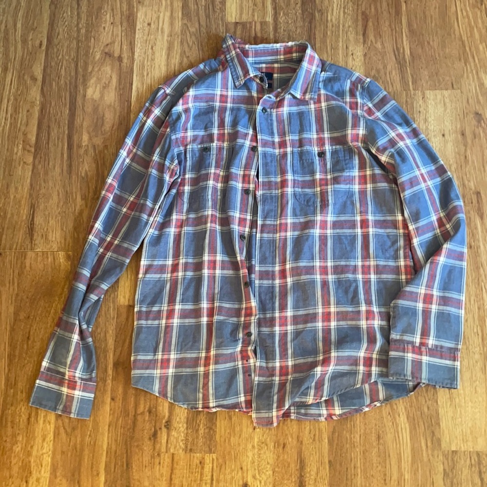Blue, red, and white button-down cotton shirt